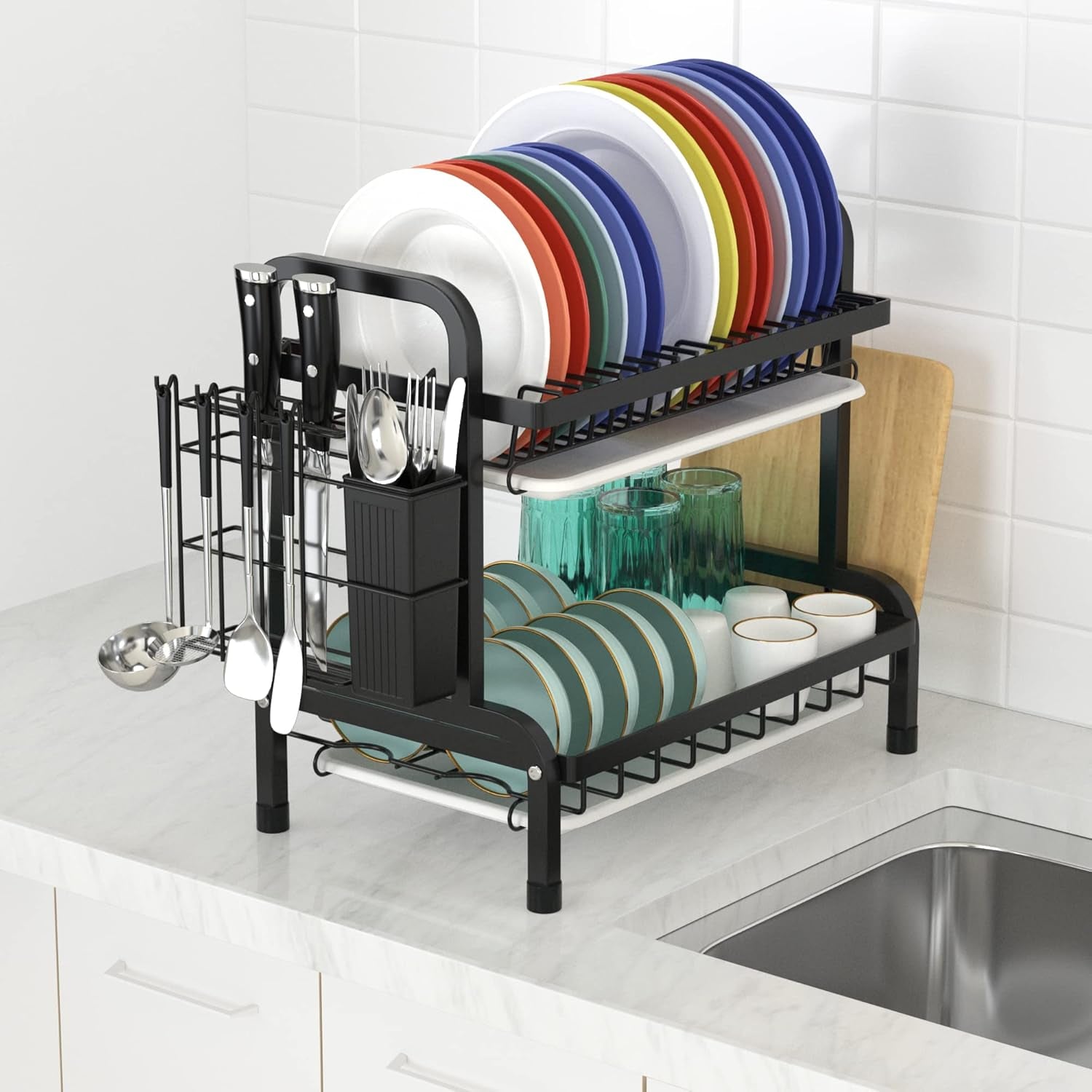 Kitchen Dish Rack Set – 2-Tier Dish Dryer with Drip Tray for Countertop Use