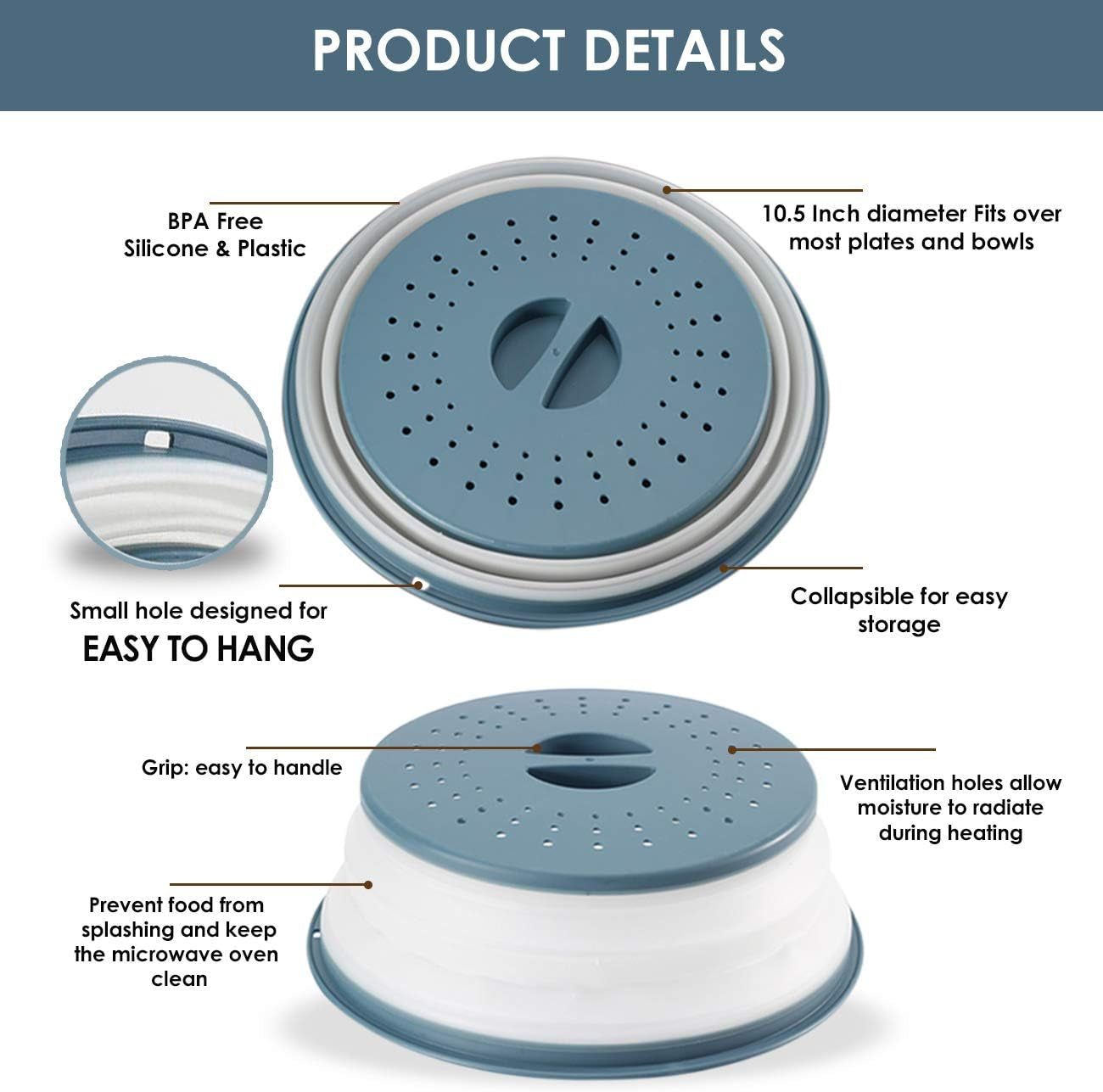 Foldable Microwave Food Covers – 2-Pack BPA-Free Silicone & Plastic, Vented Splatter Guard, Dishwasher Safe