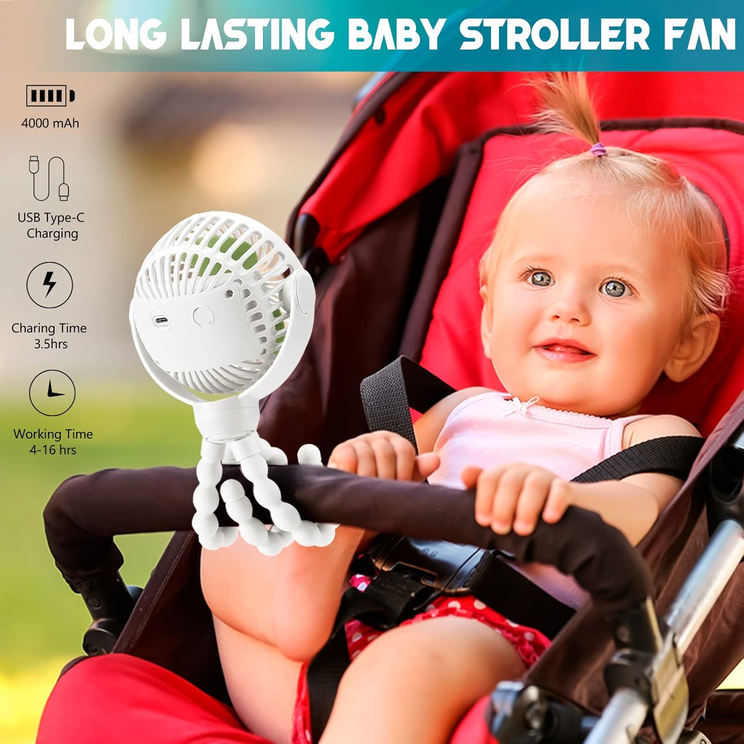 Rechargeable Portable Fan for Stroller, Crib & Car Seat, Clip-On 360° Rotating Fan, 4000mAh