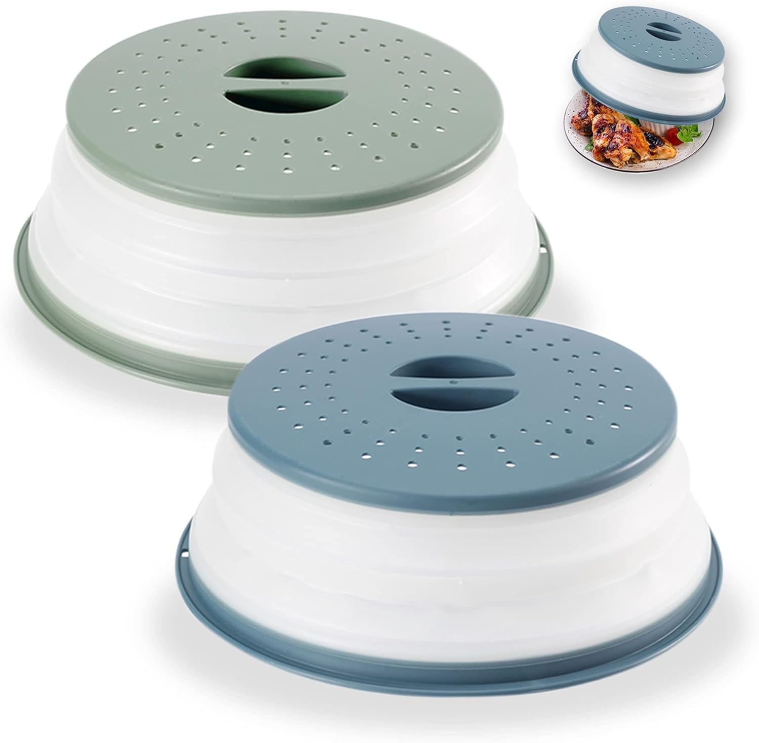 Foldable Microwave Food Covers – 2-Pack BPA-Free Silicone & Plastic, Vented Splatter Guard, Dishwasher Safe