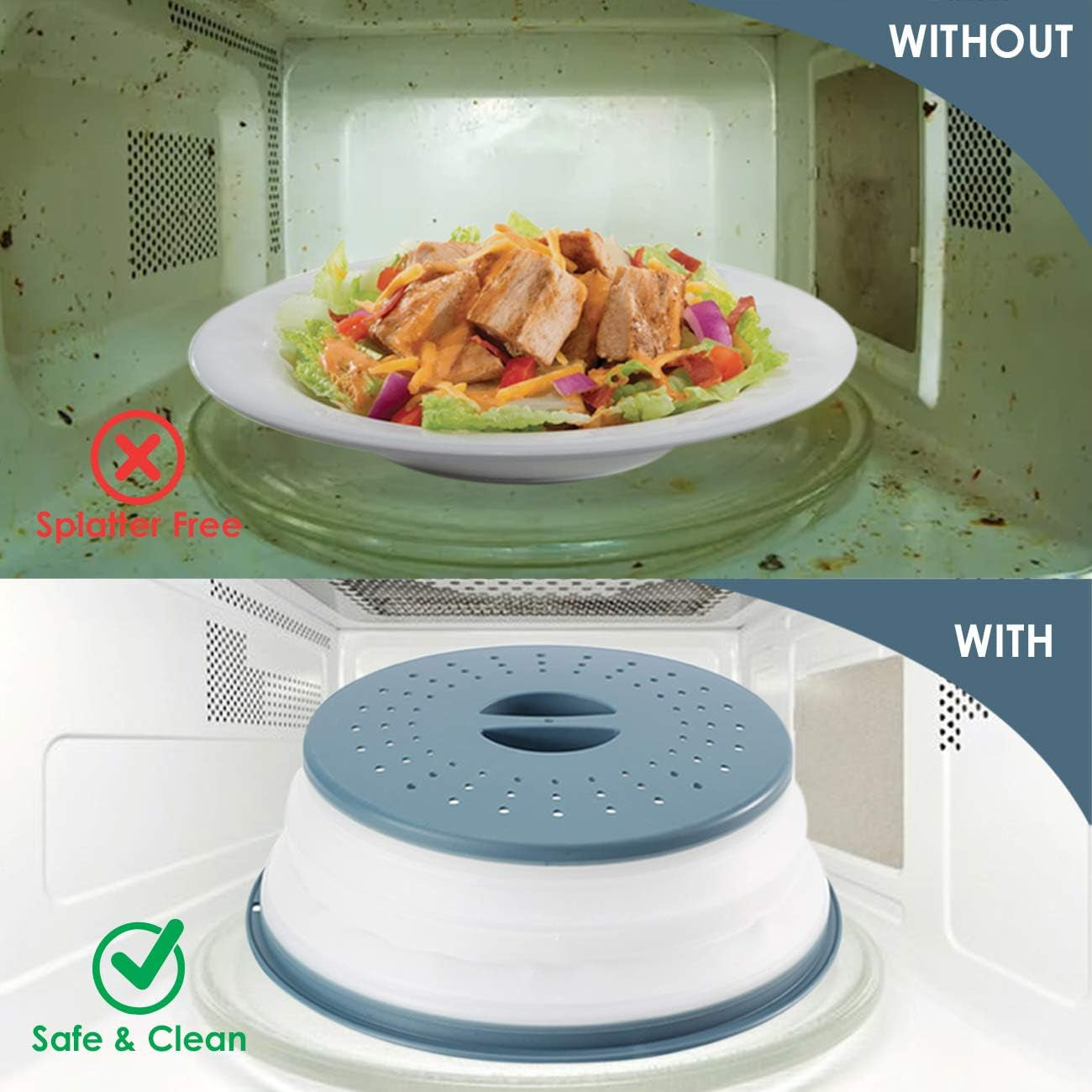 Foldable Microwave Food Covers – 2-Pack BPA-Free Silicone & Plastic, Vented Splatter Guard, Dishwasher Safe