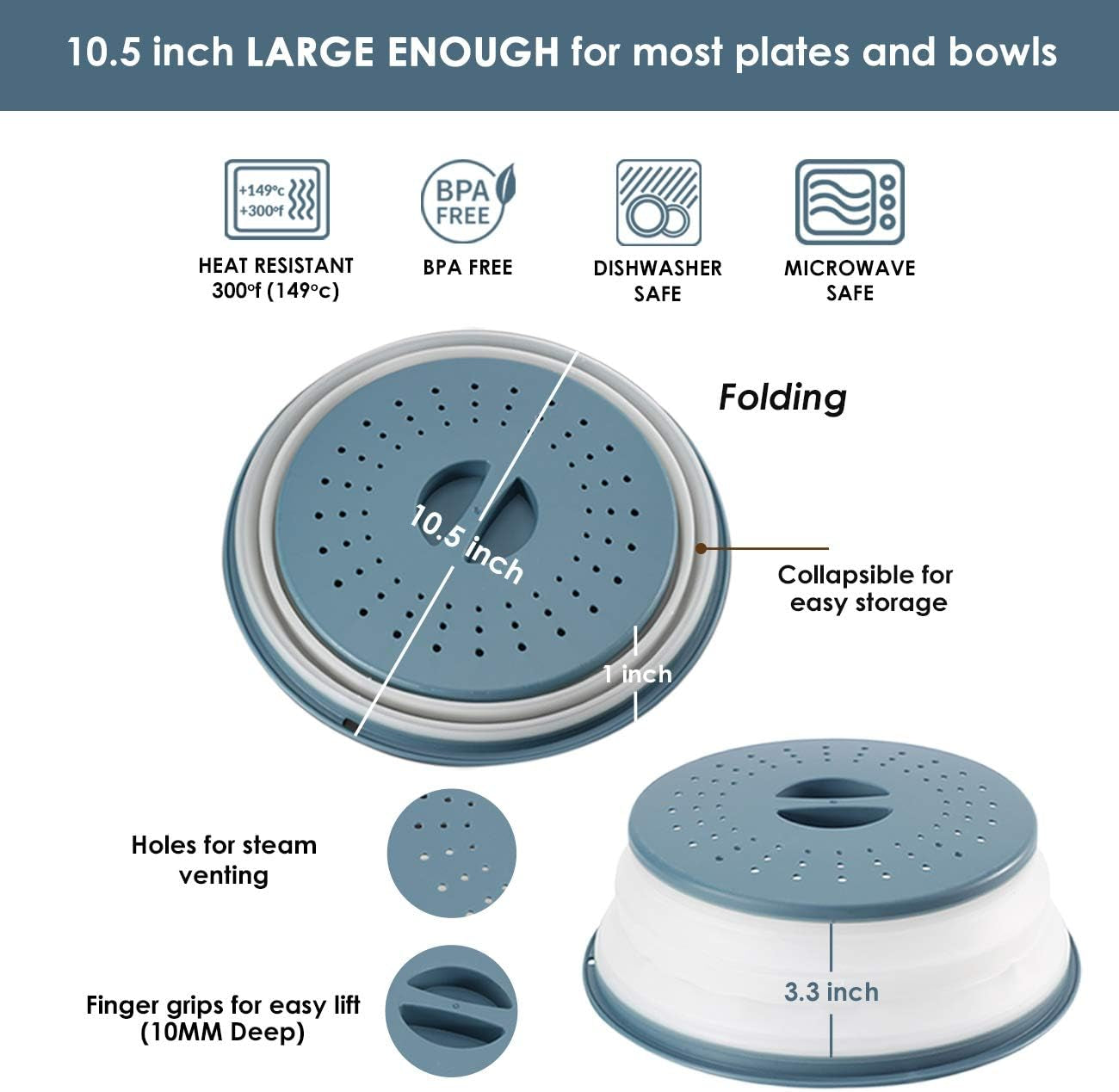 Foldable Microwave Food Covers – 2-Pack BPA-Free Silicone & Plastic, Vented Splatter Guard, Dishwasher Safe